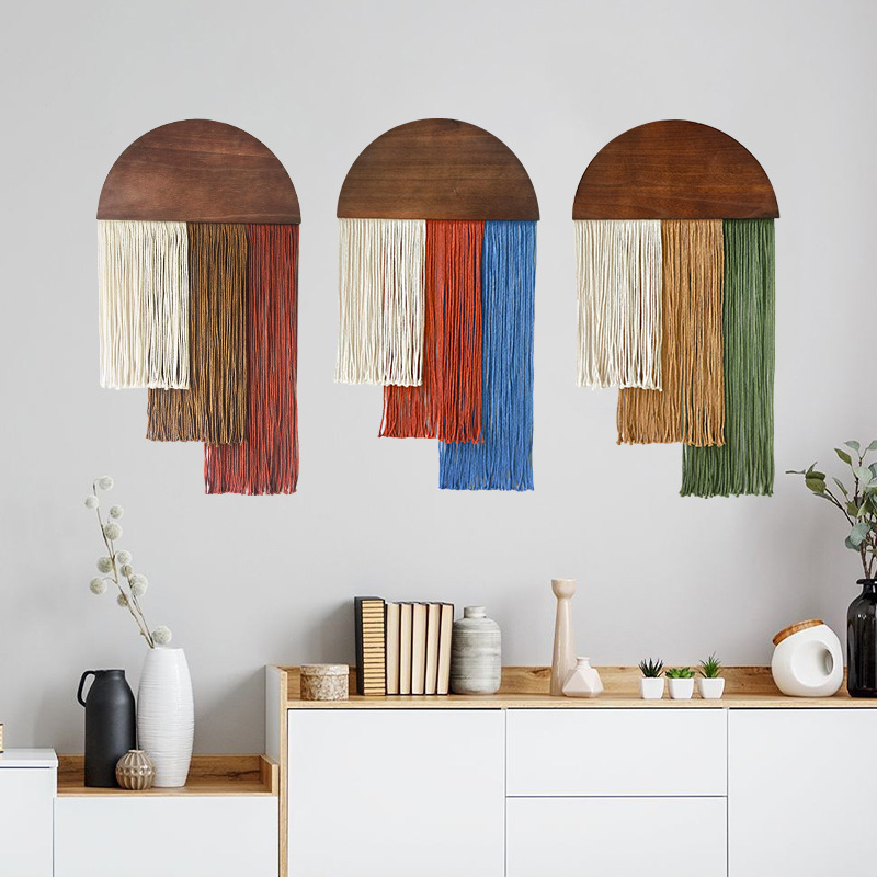 Wall Scroll Tapestry - Tapeçaria de Franjas de Madeira Semicircular,